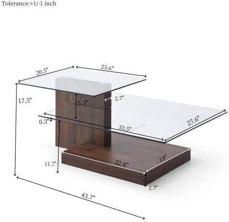 Glass Coffee Table with Storage, 44 Inch Rectangular Coffee Tables for Living Room, 3-Tier Tempered Glass Wooden Center Table Modern Accent Cocktail Table for Home Office (Walnut)