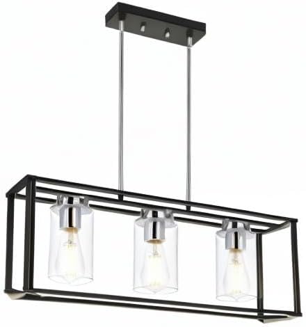 Modern pendant light with black frame and clear glass shades on a white background