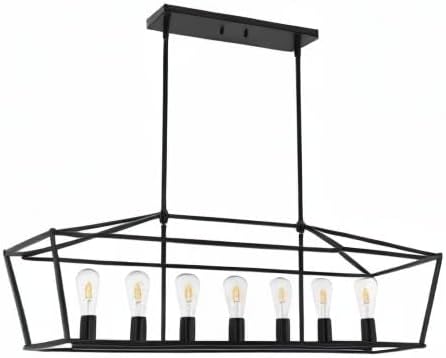 VINLUZ 38.4-Inch 7 Light Contemporary Dining Room Chandelier,Farmhouse Hanging Ceiling Kitchen Island Lighting in Matte Black Finish Rectangle Modern Pendant Light Adjustable Height