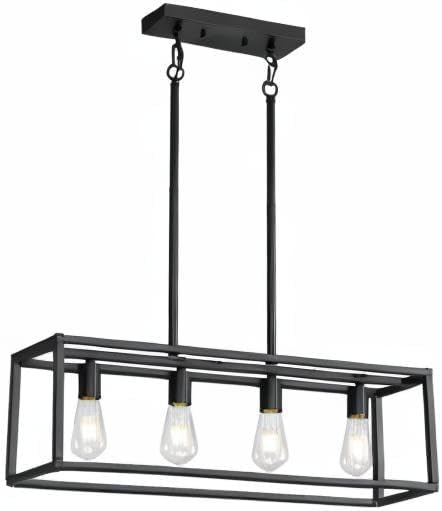 Black 4-Light Industrial Vintage Chandelier, Modern Linear Rectangular Cage Hanging Light Fixture for Farmhouse Kitchen, Dining Room, Bar, Living Room
