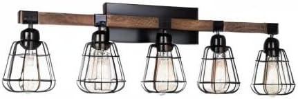 5 Lights Modern Wall Lighting Over Mirror,Bathroom Vanity Light Fixtures,Farmhouse Black Wood Metal Cage Industrial Wall Sconce