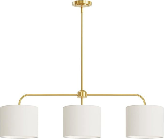 Electro bp 3-Light White Linen Drum Shade Chandelier with Polished Gold Metal Linear Pendant Light Fixture for Kitchen Island, Dining Table, E26, 180W