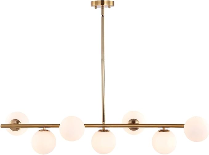 KELUOLY Linear Chandelier for Dining Room, 7-Light Gold Mid Century Pendant Light, 45" Modern Sputnik Kitchen Light Fixture Brushed Brass Finish with White Glass Lampshade for Office, Cafe, bar