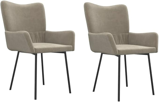 Set of 2 Light Grey Velvet Dining Chairs with Padded Armrests Modern Furniture for Kitchen Dining Room Comfortable Indoor Seating