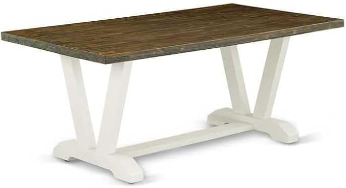 HomeStock Island Interiors V Style 40x72 in Dining Table with Wirebrushed Linen White Leg and Distressed Jacobean 418 Top Finish