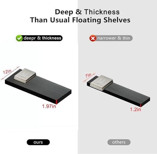 60x12 Inch Floating Shelves for Wall, Set of 2 Solid Wood Wall Shelves, Extra Long Heavy Duty Wall Mount Shelf for Living Room & Kitchen, Large Black Floating Shelves