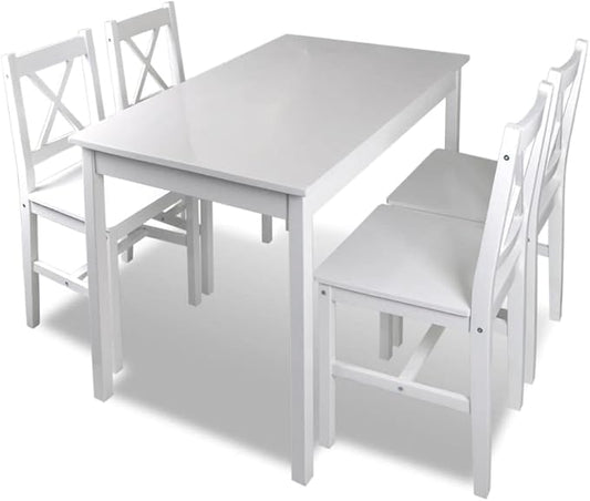 5-Piece Dining Table Set White Pine Wood Kitchen Furniture for Small Spaces, Compact Bistro-Style Indoor Set with 42.5" Lacquered Table and 4 Chairs