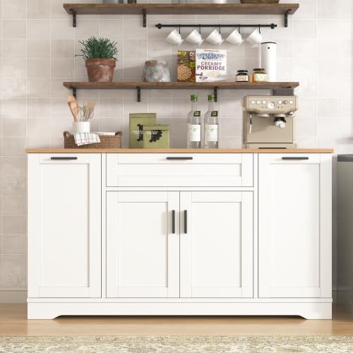 Multi-Functional Storage Sideboard, White Buffet Cabinet with Adjustable Shelves 3-Tier Pull-Out Rack, Modern Kitchen Island Storage Cabinet for Kitchen, Dining Room, Living Room Entryway