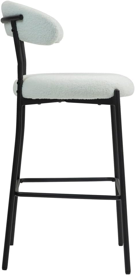 26" Counter Height Bar Stools - Teddy Fabric Upholstered Kitchen Island Stools with Black Powder-Coated Metal Base & Integrated Footrest, Modern Farmhouse Style(Snow)