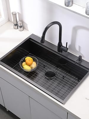 33x22 Drop In Kitchen Sinks Black, Gunmetal Black Stainless Steel Workstation 16Guage Topmount Single Bowl 9 Inch Deep Sink for Kitchen with Integrated Accessories and Features