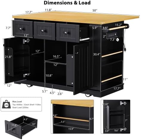 Bellemave 53" Mobile Kitchen Island with Drop Leaf, Rolling Kitchen Cart with Power Outlet and Door Internal Storage Rack, Island Table with 5 Open Side Racks for Dining Room (Black)