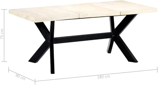 Dining Table 6 Seater Rectangular Solid Mango Wood Top 70.9x35.4x29.5 in Bleached White Black Steel Legs Modern Kitchen Room Furniture Sets
