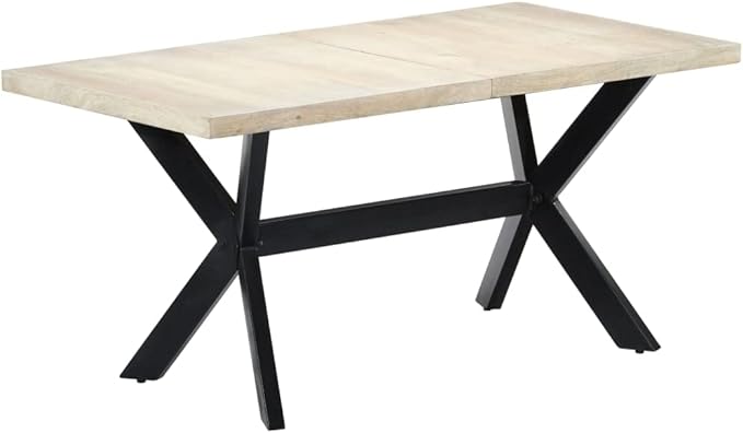 White & Black Dining Table, Solid Mango Wood, Powder-Coated Steel Legs, 63" x 31.5" for Kitchen, Modern Rectangular Dinner Table for 6 People