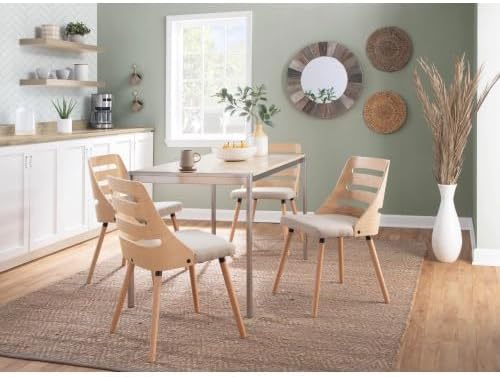 Mid Century Modern Dining Chair, Accent Chair with Cream Fabric Upholstered Cushioned Seat, Cut-Out Backrest, Natural Solid Wood Legs, for Kitchen Island or Living Room