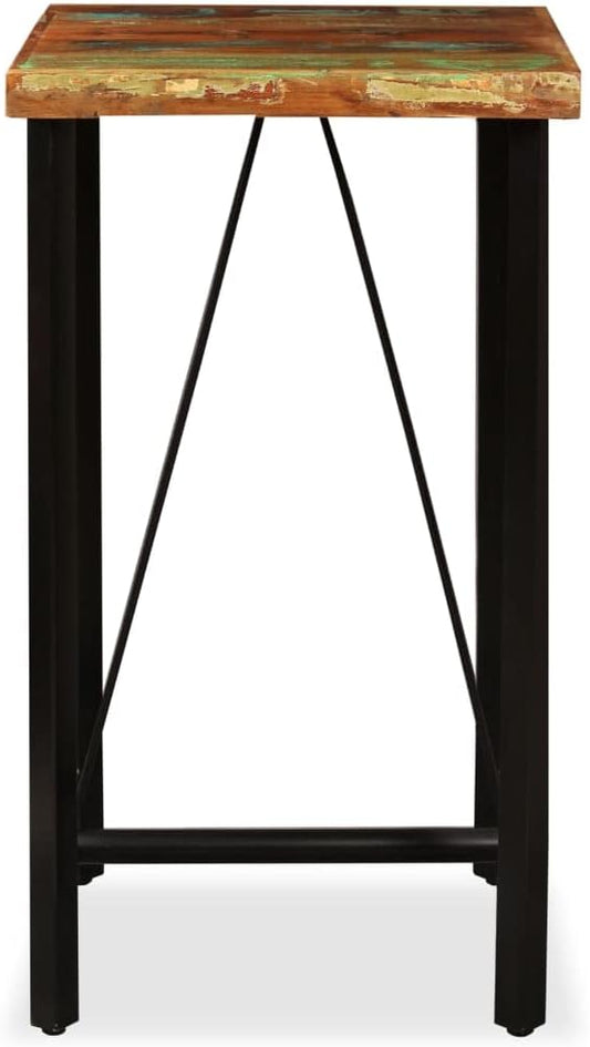 Multicolored Reclaimed Wood Bar Table, Square Black Steel Legs, 23.6x23.6x42.1 inch, Modern Farmhouse Dining Table for Kitchen, Home Bar
