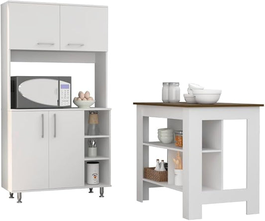 7 Shelf 4 Door 2 Kitchen Set, Kitchen Island and Cabinet White and Walnut QP267