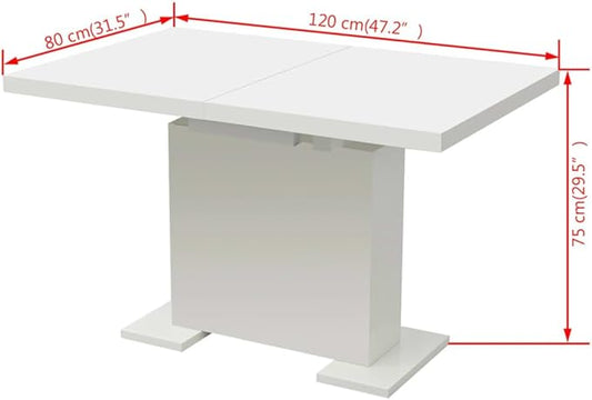Extendable Dining Table High Gloss White MDF and Steel, Modern Rectangular Kitchen & Dining Room Table, Seats 4-6 for Dinner, Versatile Home Furniture