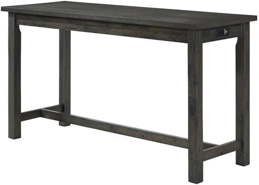 Pemberly Row 4 Piece Wood Counter Height Dining Set, Brownish Gray Finish, Ash Veneer Table with Drawer, USB Ports, Power Outlets, 3 Upholstered Stools, 66.25 in Table for Kitchen or Dining Room