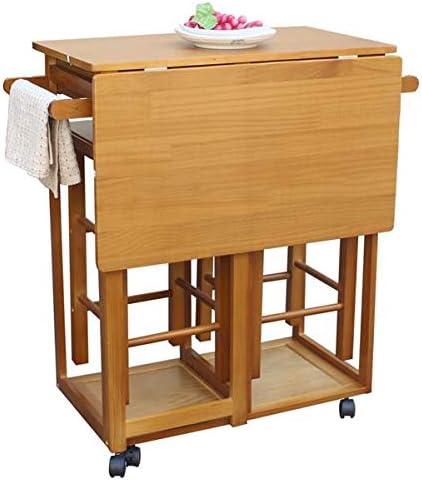 HopeHope Brown Rustic Pine Wood Folding Dining Cart with 2 Stools, Kitchen Island Cart, 2 Drawers, Perfect for Small Spaces