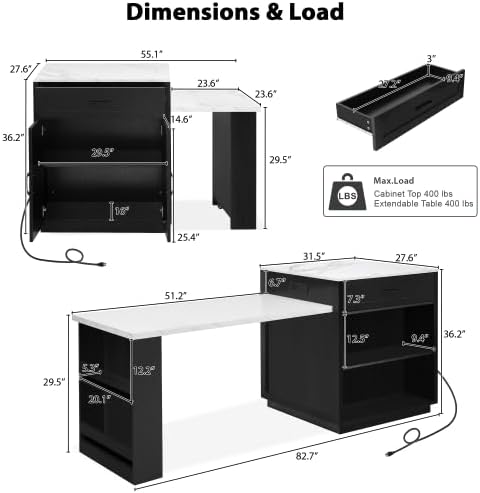 Kitchen Island with Extendable Dining, 82.7" Mobile Kitchen Storage Islands with Double-Sized Storage, Rolling Kitchen Cart with Power Outlet, Cabinet & 2 Drawers & 2 Side Open Shelves (Black)