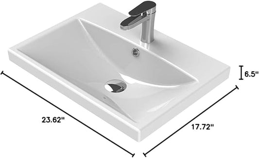 CeraStyle 032000-U-One Hole Elite Rectangle Ceramic Wall Mounted/Self Rimming Sink, White