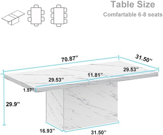 HSH 71โ White Faux Marble Dining Table, Rectangle Modern Dinner Kitchen Table for 6-8, Farmhouse Long Kitchen Furniture for Living Room, Industrial Wood Dining Room Table with Sturdy Base