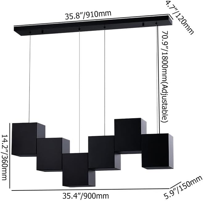 Modern Black Kitchen Island Lighting, Linear Chandeliers for Dining Room 6-Light Square Ceiling Hanging Pendant Light