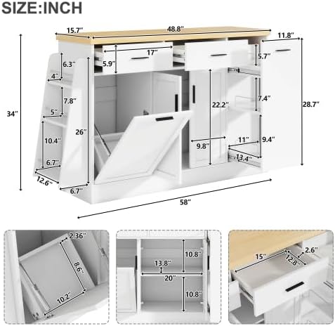 Bellemave Sideboard Buffet Cabinet with Drawers & Adjustable Shelves, Modern Kitchen Pantry with Tilt Out Trash Can, Coffee Bar Station with 3-Tier Pull-Out Rack for Dining Room, Kitchen (White/58)