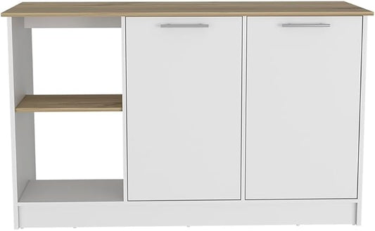 GOWE Juniper Kitchen Island, Four Open Shelves, Two Cabinets -Light Oak/White
