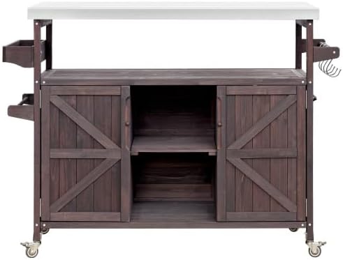 Bellemave Outdoor Kitchen Island with Stainless Steel Top, Rolling Bar Cart & Storage Cabinet, Outdoor Grill Cart with Spice & Towel Rack, Rolling Island Table for Kitchen & BBQ, Dark Brown
