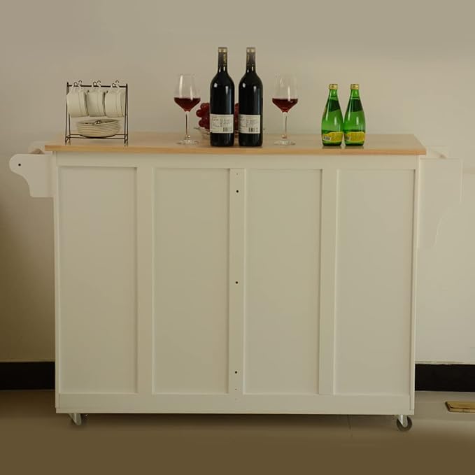 GOWE Kitchen Island & Kitchen Cart, Mobile Kitchen Island, Rubber Wood Top, Big & Adjustable Shelf Inside Cabinet for Different Utensils, Luxury Design Fits Party at Different Site.