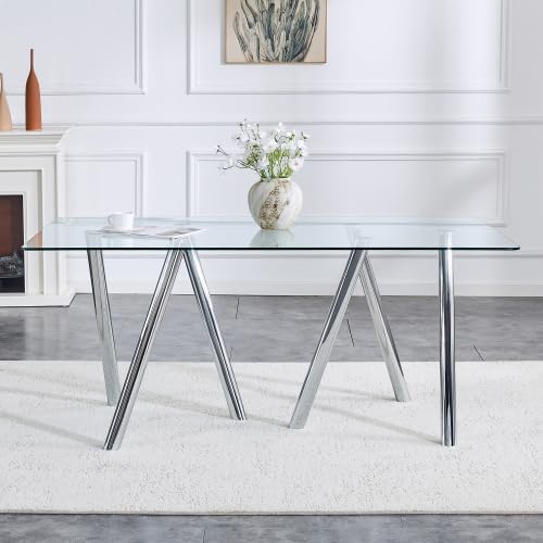 Donext 71" Rectangular Tempered Glass Dining Table, Sturdy Metal Legs,Modern Kitchen Dining Room Table,White