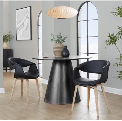 Upholstered Faux Leather Dining Chairs Set of 2, Kitchen Island Chairs with Black Padded Seat and Whitewashed Bent Wood Legs for Dining Room Living Room