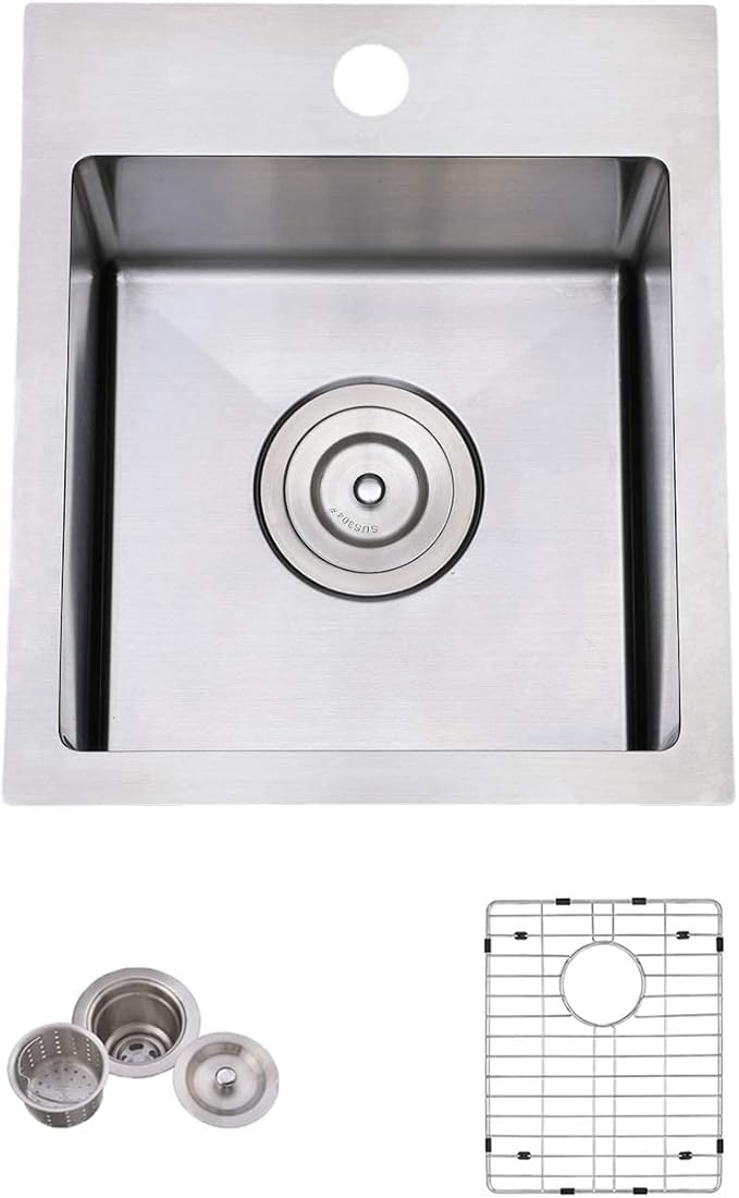 VCCUCINE Bar Sink Drop in,13x15 Inch Topmount RV Small Kitchen Sink,Handmade Stainless Steel Wet Bar Sink,Outdoor Single Bowl,Brushed Nickel Prep Sink with Accessories