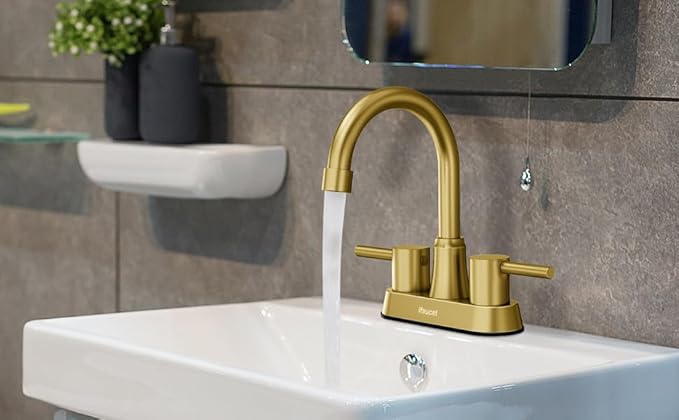 Gold Bathroom Faucet, Brushed Gold Bathroom Faucet, Gold Faucets for Bathroom Vanity, 4 Inch 2 Handle Centerset, Lead-Free, with Copper Pop Up Drain (Brushed Gold)