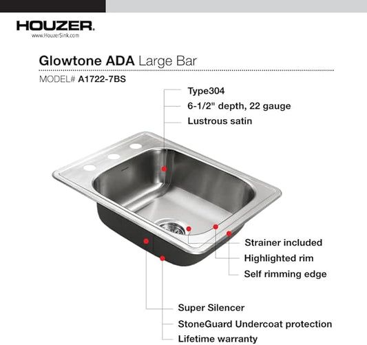 Houzer Glowtone ADA Compliant 17 inch Stainless Steel Topmount 3-hole Bar Sink with Strainer- A1722-7BS-1