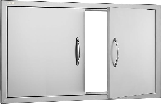 VEVOR BBQ Access Door, 36W x 21H Inch Double Outdoor Kitchen Door, Stainless Steel Flush Mount Door, Wall Vertical Door with Handles, for BBQ Island, Grilling Station, Outside Cabinet, Silver