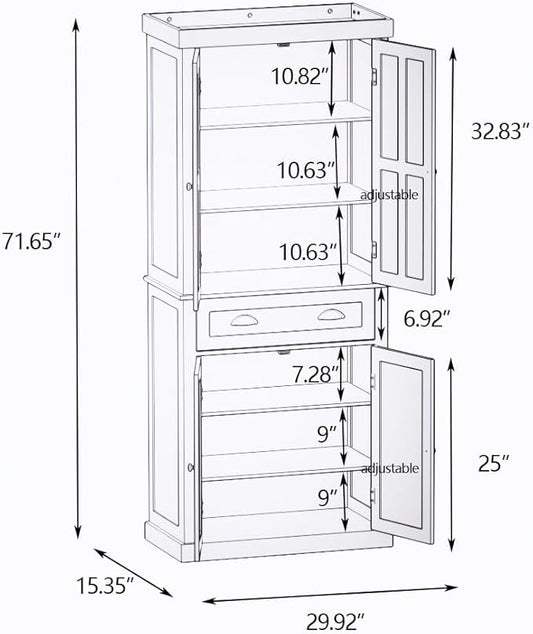 RASOO 70.87" Hutch Cabinet with Storage Freestanding White Pantry Storage Cabinet with 1 Drawer and 4 Doors, 3 Adjustable Shelves Inside of The Buffet Cabinet