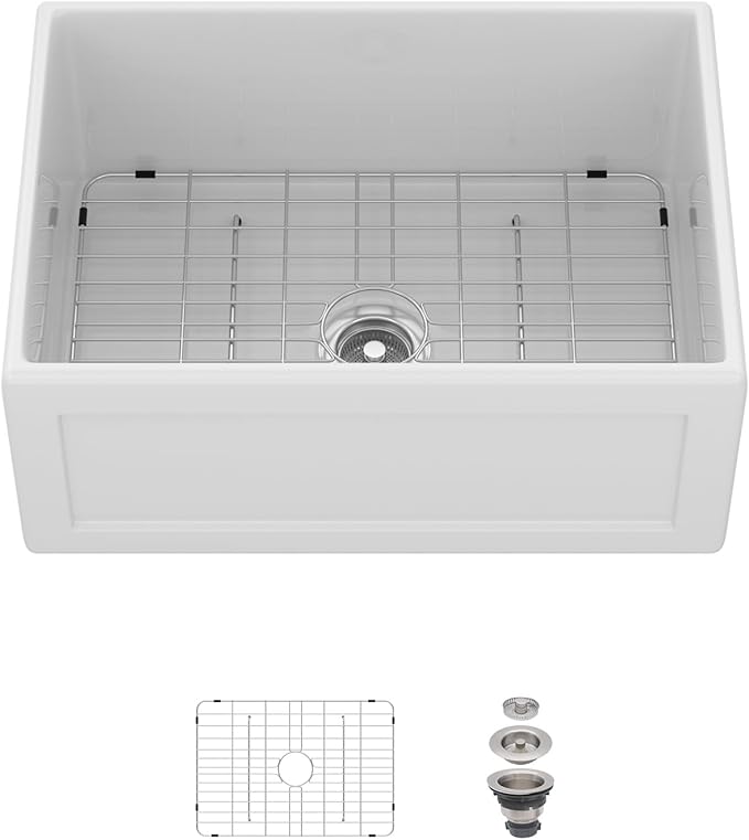 24 Inch White Farmhouse Sink Reversible Apron Front Fireclay Farm Sinks Heavy Duty Large Deep Ceramic Single Bowl Farm House Sinks, 24" x 18" x 10"