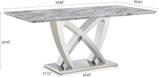 Modern Luxurious Rectangular Dining Table for 6-8, MDF Kitchen Table with Heavy-Duty Irregular Base, Faux Marble Heat-Resistant Furniture for Dining Room & Family Gatherings (Silver)