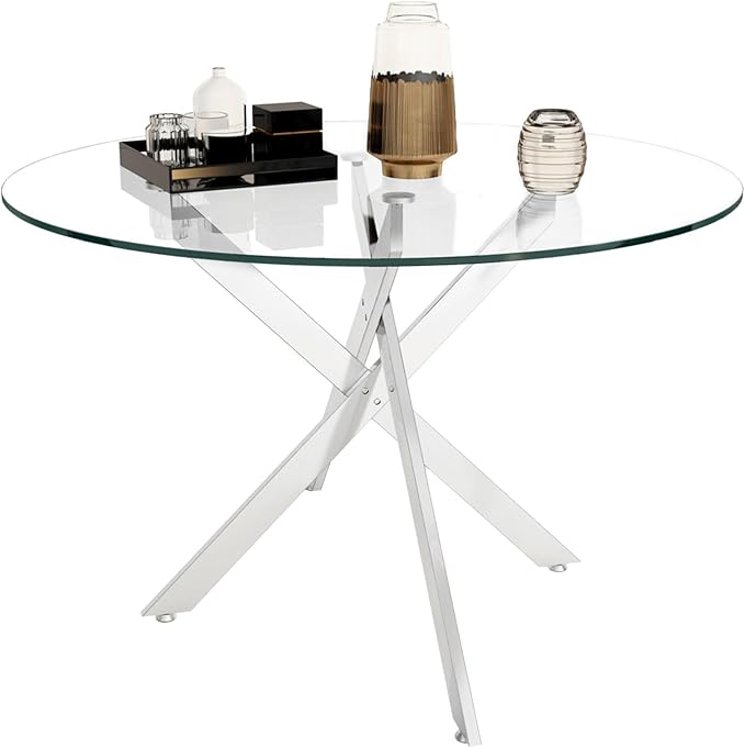 Silver Glass Dining Table for 6 Modern 47.3" Round Kitchen Dining Room Table for 4-6 with X-Shape Metal Base Large Clear Glass Top Dining Tables for Home Kitchen