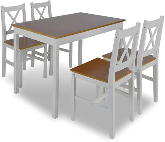 5-Piece Dining Table Set with Chairs, Small Kitchen Table Set for 4, Brown & White Lacquered Pine Wood Furniture, Compact Bistro Set for Dining Room, Kitchenette, Apartment