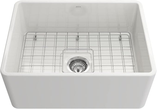 BOCCHI Classico White Apron Front Fireclay 24 in. Single Bowl Kitchen Sink with Protective Bottom Grid, Strainer, and Chrome Faucet