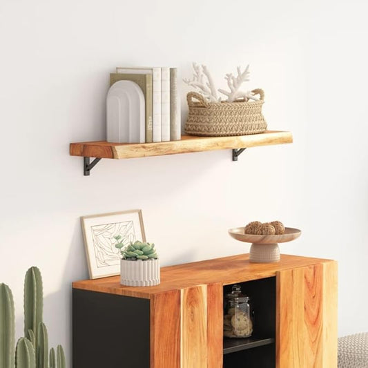 Solid Acacia Wood Live Edge Shelf Wall Mounted for Decorative Items with Shelf Supporting 165.3 lbs, Rustic Wall for Living Room, Brown Acacia Wood 31.5 x 11.8 x 1.0 Inches