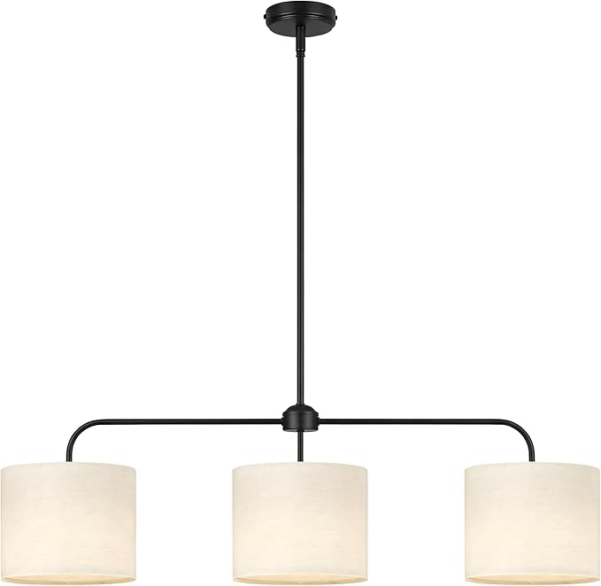 3-Light Black Linear Chandelier with Linen Beige Drum Shades, Modern Pendant Light Fixture for Kitchen Island, Dining Room, Living Room, Bedroom, E26 Base Compatible