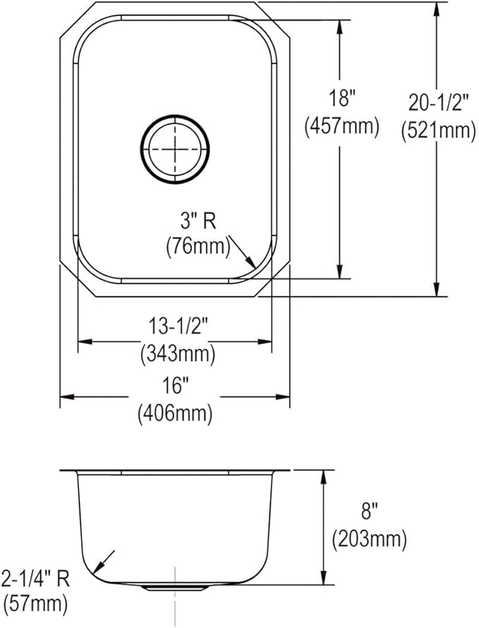 18 Gauge Stainless Steel 16" X 20.5" X 8" Single Bowl Undermount Bar/Prep Sink