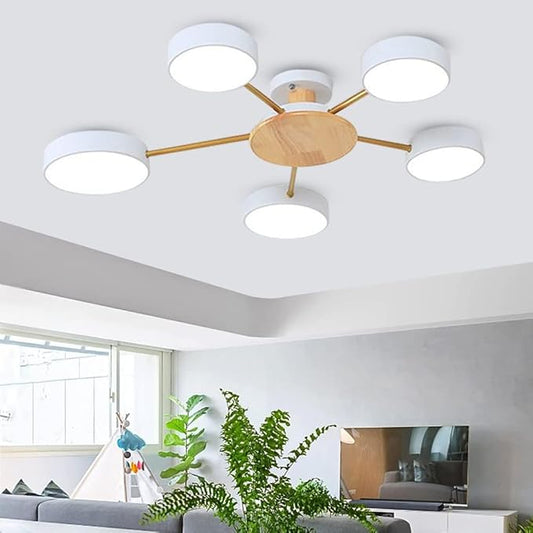 5-Lights LED Ceiling Light Fixture,32 Inch Modern Ceiling Lights Flush Mount Wooden 40W Dimmable Chandelier for Living Room Bedroom Kitchen,3000K/4000K/6000K White