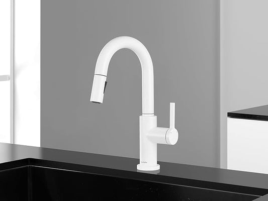 AguaStella AS32W Shiny White Bar Faucet or Prep Sink Faucet with Pull Down Sprayer Single Handle