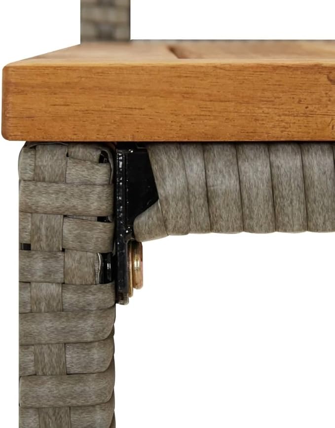 Modern Grey Poly Rattan Bar Stool Set of 2 with Acacia Wood Accents and Footrests for Indoor Outdoor Dining, Durable Steel Frame and Comfortable Seating