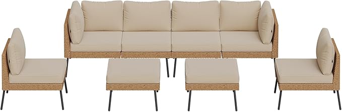 Aoxun 8 Piece Patio Furniture Set, 8 Seats Outdoor Sectional Sofas with Thick Cushion, Wicker Patio Outdoor Furniture Set with Ottomans for Party, Garden, Backyard, Beige